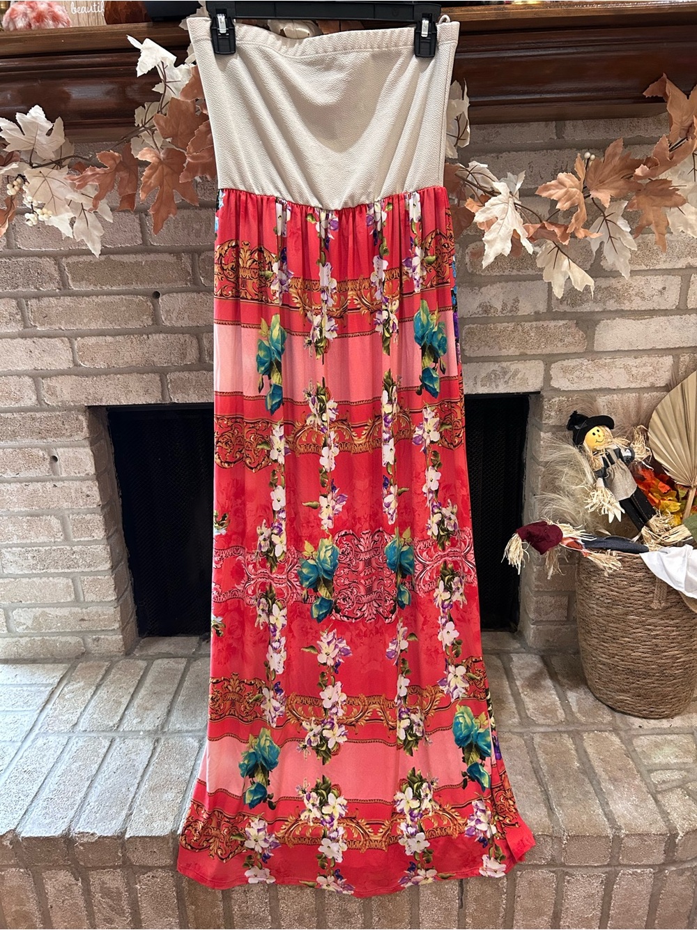 Floral Red Strapless Maxi Skirt with Cream Waistband EUC